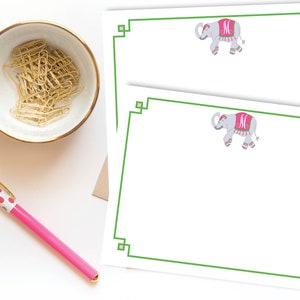 Personalized Stationery Elephant Monogram Note Card Preppy Flat Card Chinoiserie Stationary Set Pink Green Notecard Pen Pal image 1