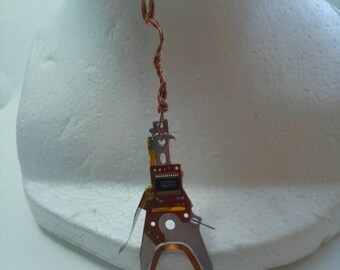 Torque style twisted copper wire necklace with hard drive actuator arm pendant