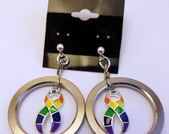 Pride ribbon computer hard drive spindle earrings