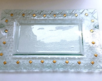 Vintage Fused Glass Serving Tray; Heavy Clear Tray with Gold Embellishments