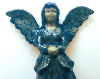 Ceramic Angel Figurine; Blue Angel; Guardian Angel; Handcrafted, Signed and Dated; Mint