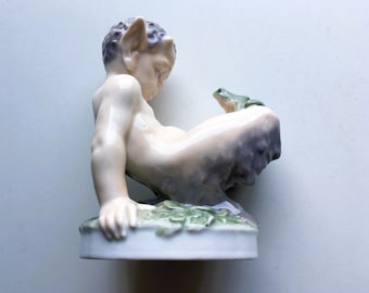 Vintage Royal Copenhagen Faun and Frog #1713, Collectible Fine Porcelain Figurine, Made in Denmark, 1920's, Mint