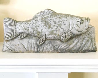 Cement Fish; Distressed Cement Garden Statue; Handcrafted Sculpture