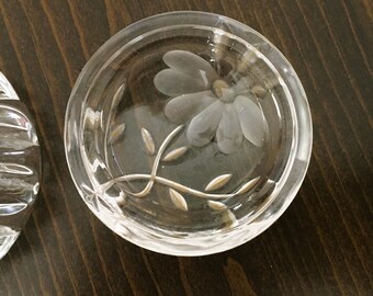 Hand Cut Crystal Covered Round Box; Etched Daisy and Vines; Trinket or Jewelry Box