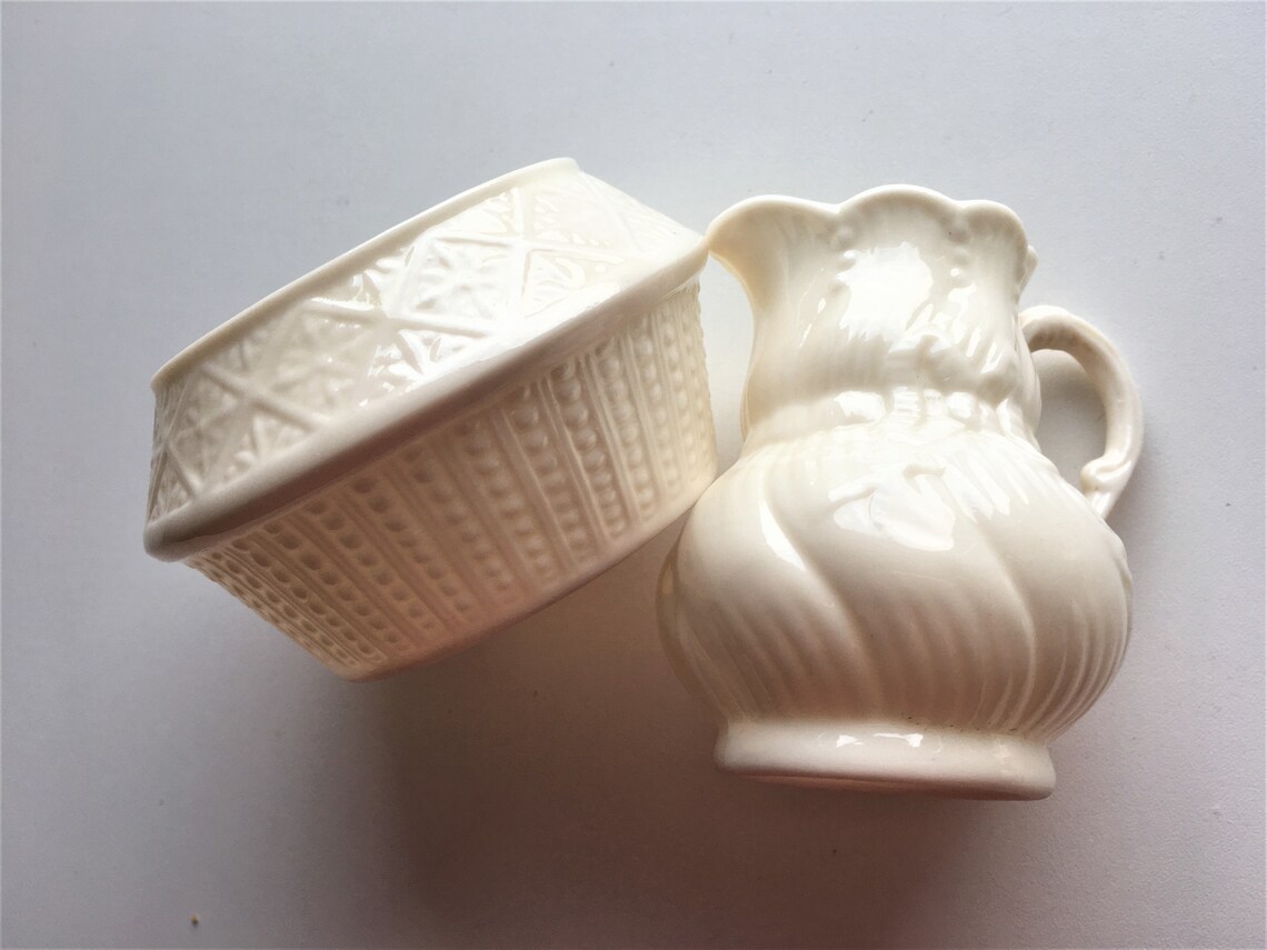 Vintage Belleek Creamer and Sugar Bowlyellow Iridescent Etsy