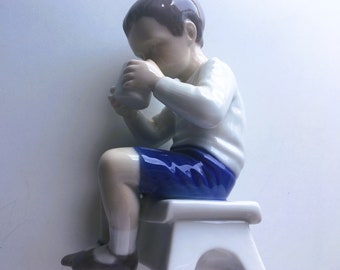 Vintage Porcelain Little Boy Drinking Morning Hot Chocolate, Danish Bing & Grondahl Porcelain, Collectible Figurine, Made in Denmark
