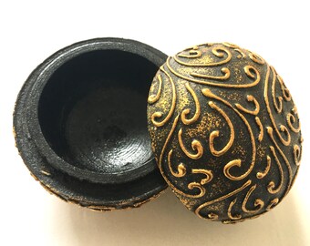 Vintage Covered Round Trinket Box, Black and Gold Scrollwork Pattern, Art & Collectibles