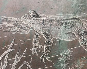Vintage Etched Frog on Slate; Handcrafted Frog; 1998
