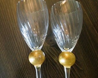 Handblown Wine/Champagne Goblets|Pair|Elegant Union Street Glass|Handcrafted and Signed Goblets|Vintage Glassware|Home and Living|Drinkware