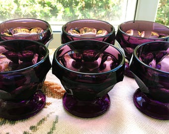 Vintage Amethyst Viking Glass Sorbet or Dessert Dishes; Set of Six; Mint Condition