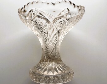Vintage Faceted Glass Vase; Elegant Clear Glass Vase; Collectible Intricate Faceted Vase