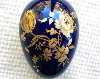 Limoges Cobalt and Gold Covered Egg;  Ring or Trinket Box; Fine Porcelain; Made in France