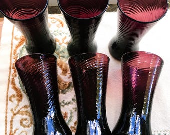 Avalos Hand Blown Amethyst Glass Tumblers; Set of Six; Mint Condition; Lovely and Graceful Purple Glass Swirl Tumblers