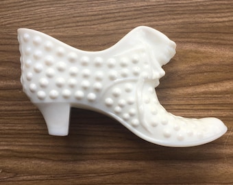 Fenton Hob Nail White Milk Glass Shoe; Puss n' Boots Glass Cat Head Shoe; Made in USA
