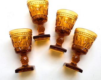Amber Shot or Cordial Glasses; Set of 4 Indiana Glass Parklane Glasses; Made in USA