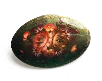 Vintage Hand Painted Brooch; Signed Floral Pin; Hand Painted Pin; Excellent Condition; 1990's