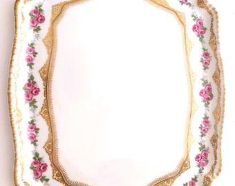 Higgins & Seiter, L Bernardaud Co., Limoges, Porcelain Serving Tray or Platter, Pink Roses With Gold Trim, Vintage 1940's, Made in France