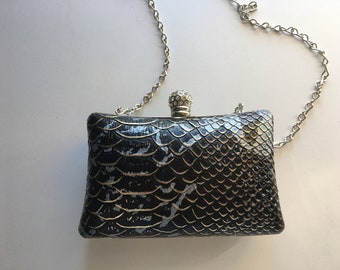Vintage Tasha Designer Shoulder Bag or Clutch; Faux Snakeskin; Silver Trim; Rhinestone Closure
