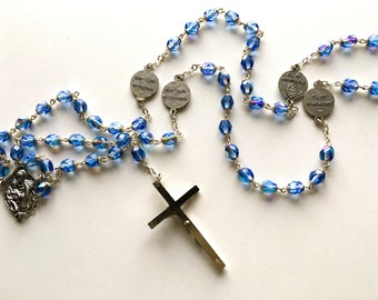 Vintage Rosary With Iridescent Blue Beads|Silver Toned Crucifix and Mary Centerpiece|Prayer Accessory|Religion and Faith|Made in Italy