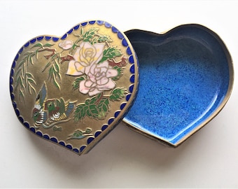 Cloisonne Covered Heart Box, Vintage Collectible Trinket Box,  Roses and Birds and Floral Motif