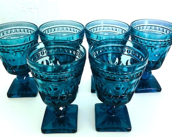 Vintage Indiana Glass Parklane Teal Wine or Cocktail Glasses (Set of 6) Mint