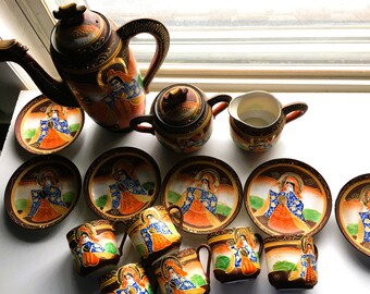 Vintage Satsuma Tea Set|Colorful Japanese Tea Set|17 Pieces|Dragon Motif|Gold Trim|Decorative Tea Collection|Made in Japan