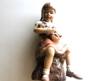 Dahl Jensen Figurine, Girl With Teddy Bear, #1295, Danish Porcelain, Made in Denmark
