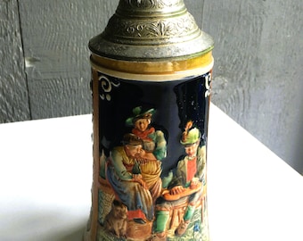 Vintage  Ceramic Beer Stein with Pewter Lid; Musical Theme; Made in West Germany; 1980's