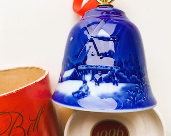 Bing and Grondahl 1996 Porcelain Christmas Bell in Original Box, Winter Scene, Made in Denmark