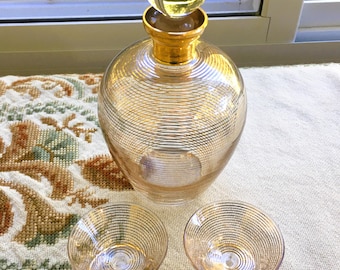 Vintage  Golden Carafe and Cordials; Single Carafe with Set of Two Matching Shot glasses; Gold Leaf Design