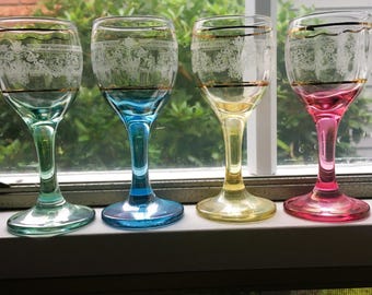 Etched Clear Crystal Cordial or Shot Glasses; Set of 4; Scroll Design with Gold Trim