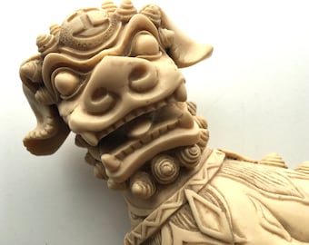 Female Foo Dog With Baby Figurine; Ivory Colored Resin; Guardian and Protector