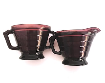 Hazel Atlas Amethyst Glass Sugar Bowl & Creamer; 1940's Glassware; Kitchen and Dining; Mint