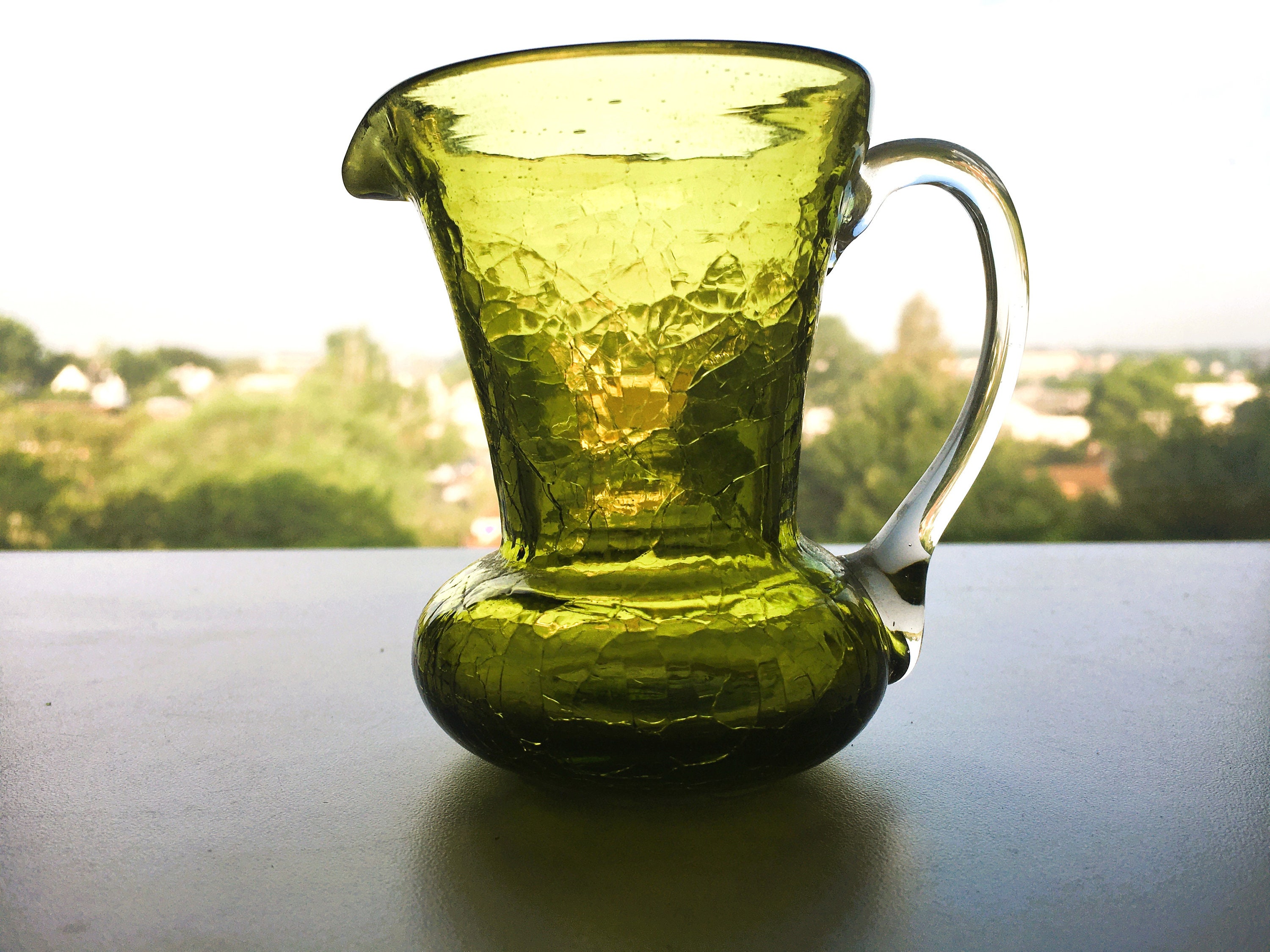 Vintage Hand Blown Pale Green Small Art Glass Pitcher With Applied Handle &  Heart Shaped Pour Spout 