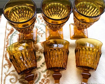 Indiana Glass Company Amber Goblets; Mt. Vernon Pattern; Set of 6 Glasses for Water or Wine; Made in USA