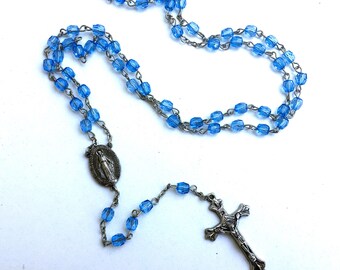 Vintage Rosary With Blue Faceted Beads and Silver Toned Crucifix and Madonna Centerpiece; Prayer Accessory