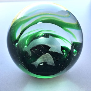 Dolphin Paperweight, Blown Glass Paperweight with Dolphins, Glass Art, Vintage Glass Paperweight, Etched Dolphins