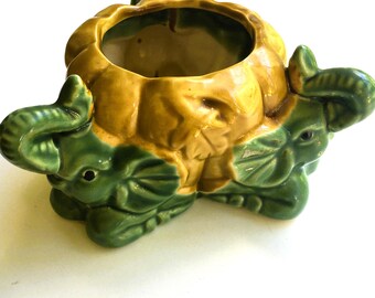 Elephant Planter; 3 Lucky Elephants With Raised Trunks; Green and Gold Ceramic Planter