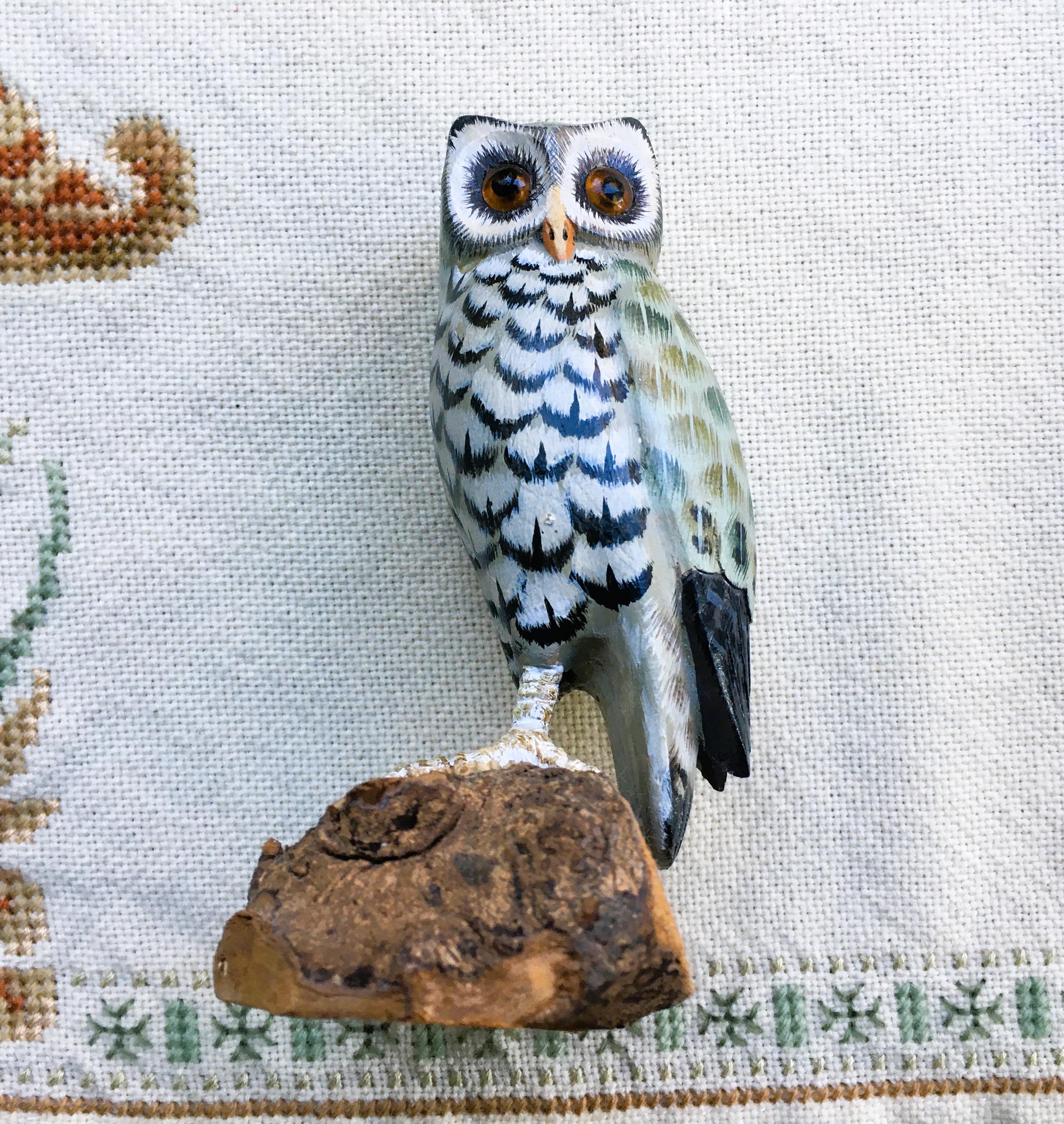 Wooden Owl Figurine; Hand Carved and Hand PaintedOwl;