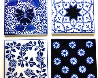 Vintage Blue and White Ceramic Tiles|Set of Four|Decorative Tiles or Trivets