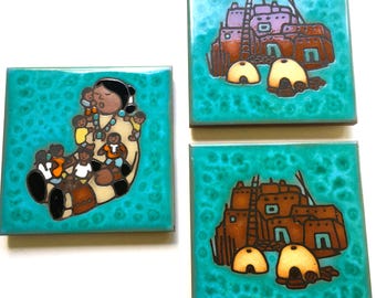 Southwestern Tiles by Cleo Teissedre; Set of Three; Handcrafted; 1980's