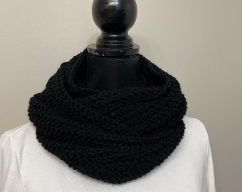 Unisex black knit scarf- hand knit infinity scarf- black wool scarf - women black scarf- infinity black scarf - winter infinity scarf- gift