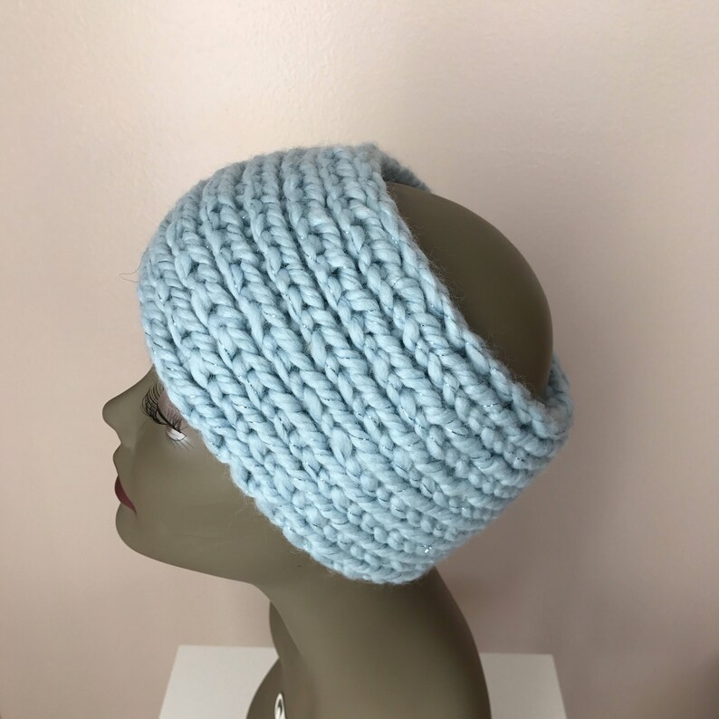 Light Blue Sparkle Head Warmer Women Ear Warmer Hand Knit Headband Chunky Headband Hand Knit Head Warmer Women Head Warmer