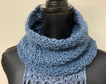 Eco organic cotton cowl- hand knit neck warmer- unisex neck warmer- denim blue scarf - knitted blue cowl - cotton knit neck warmer