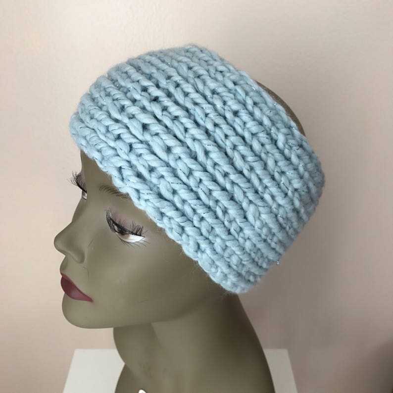 Light Blue Sparkle Head Warmer Women Ear Warmer Hand Knit Headband Chunky Headband Hand Knit Head Warmer Women Head Warmer