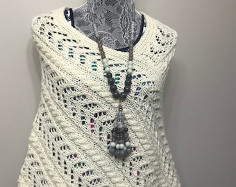 Hand Knit White Lace Wool Poncho – Boho Fall Shawl
