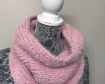 Knit fuzzy pink scarf- Pale pink knit cowl - Hand knit neck warmer - Winter neck warmer- Knit Infinity scarf Mother day gift for mom