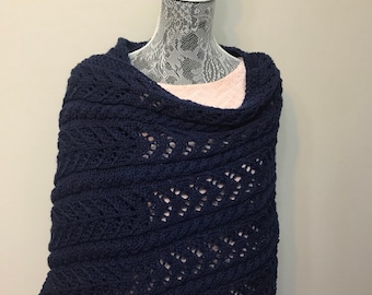 Women's knit navy shawl- Hand knit scarf - Wool navy blue shawl -Navy blue wrap - Hand  knit blue wrap - Shoulder wrap - gift for mom , wife
