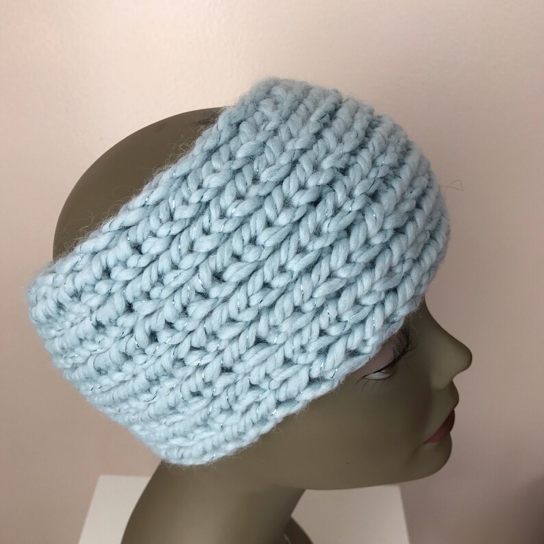 Light Blue Sparkle Head Warmer Women Ear Warmer Hand Knit Headband Chunky Headband Hand Knit Head Warmer Women Head Warmer