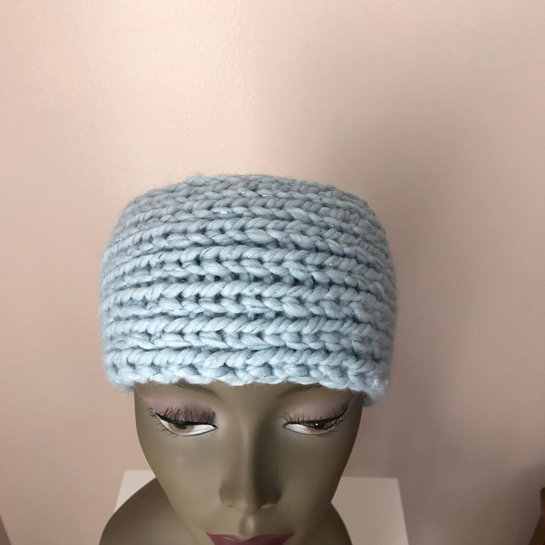 Light Blue Sparkle Head Warmer Women Ear Warmer Hand Knit Headband Chunky Headband Hand Knit Head Warmer Women Head Warmer